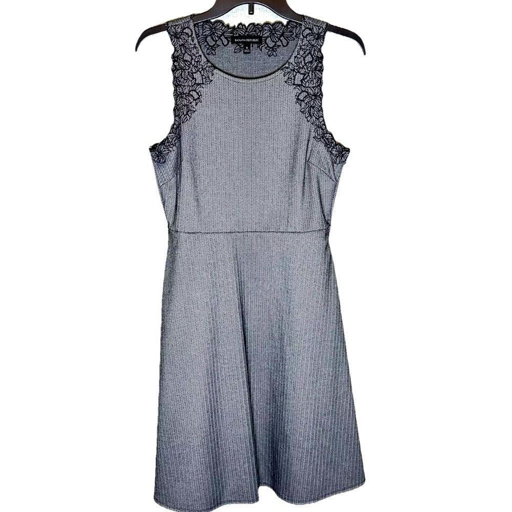 Banana Republic Embroidered A Line Black White Herringbone Dress Office Siren 6